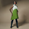 3/4 view of model wearing green geometric laser cut Wireless Skirt by design and conquer