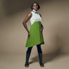 3/4 view of model wearing green geometric laser cut Wireless Skirt by design and conquer